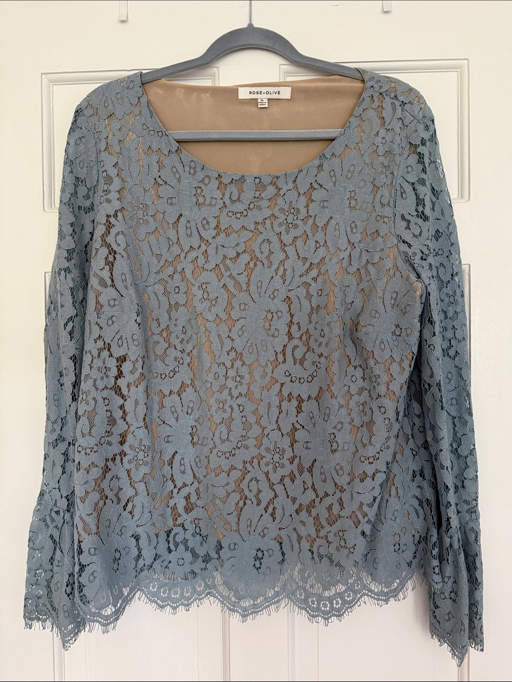 Rose & Olive Dusty Blue Lace Long-Sleeve Blouse